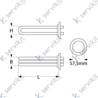 Resistencia 6000W 230V espirales 3 montaje ø 57,5mm L 480mm An 33mm H 42mm